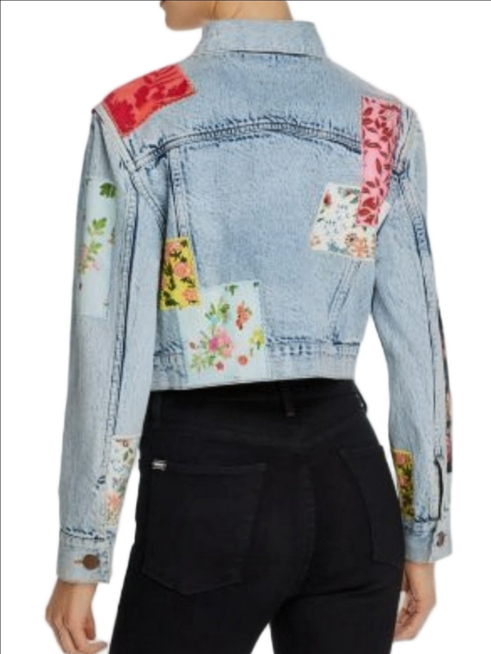 ALICE + OLIVIA LIGHT BLUE DENIM CROPPED JACKET WITH FLORAL PATCHES ◾SIZE XS - Picture 11 of 16